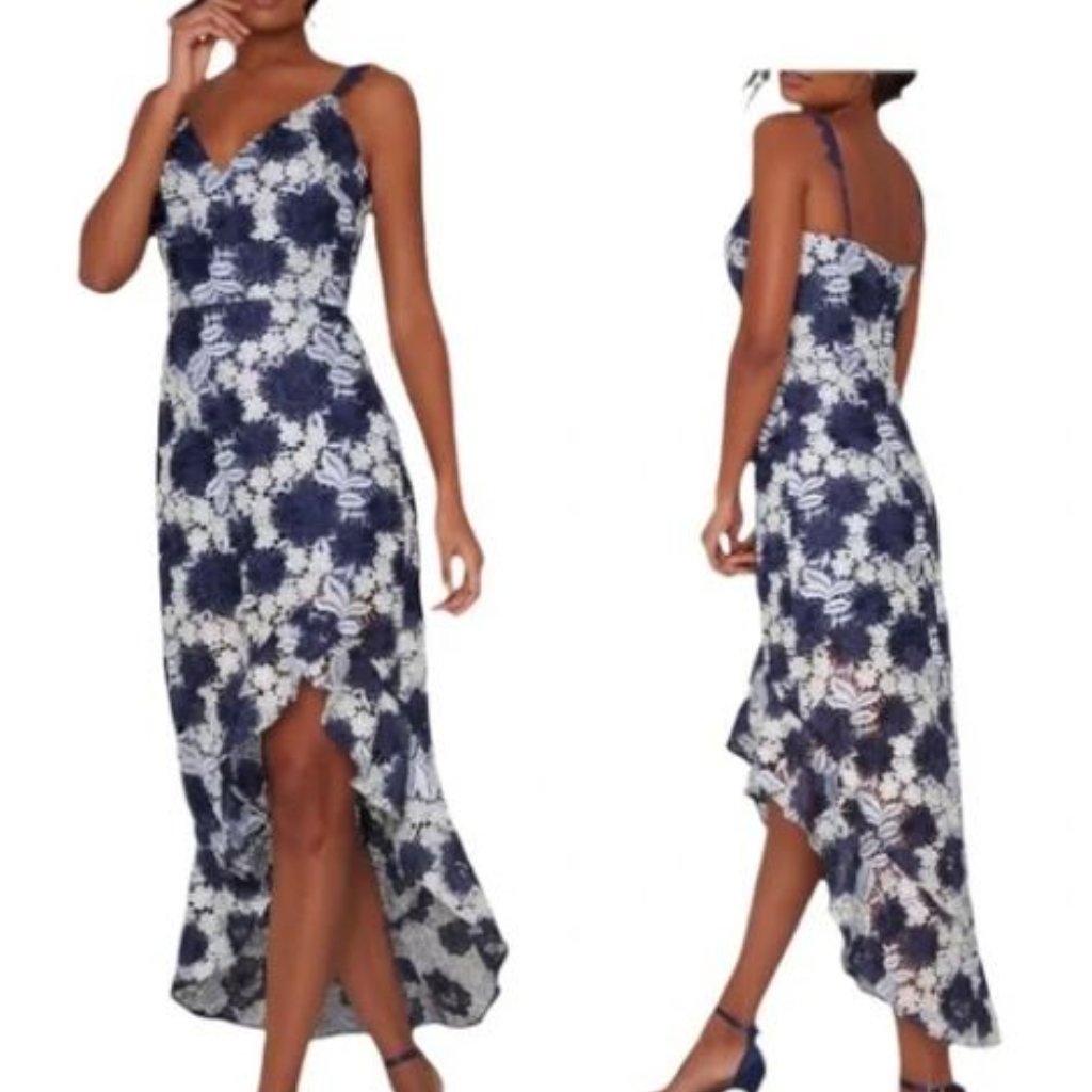 Chi Chi London Lucille Floral Embroidered Lace High/Low Gown In Navy Sz Us 6 Nwt